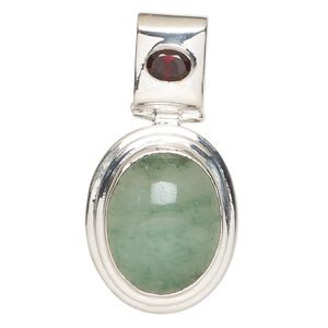 Pendant, green aventurine (natural) / garnet (natural) / sterling silver, 28x24mm oval. Sold individually.