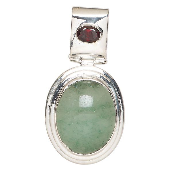 Pendant, green aventurine (natural) / garnet (natural) / sterling silver, 28x24mm oval. Sold individually. image number 0