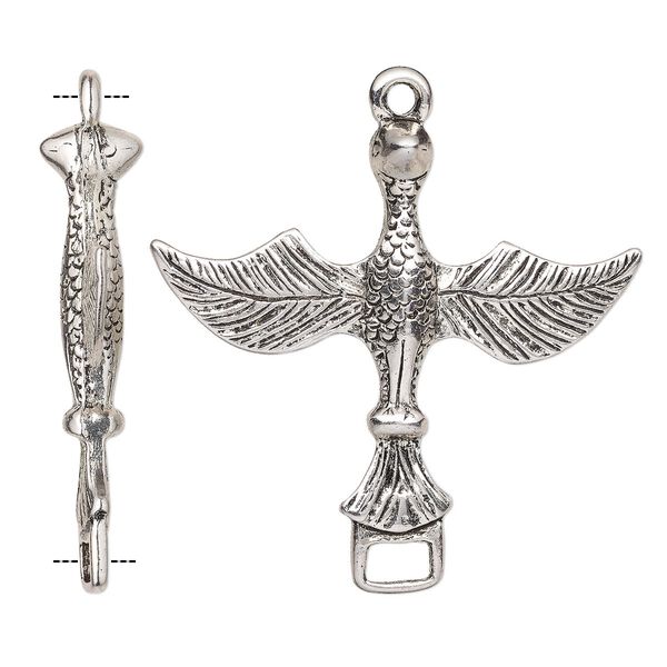 Focal, antique silver-finished "pewter" (zinc-based alloy), 54x51mm double-sided bird with loop. Sold individually. image number 0