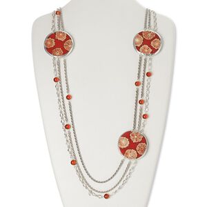 Necklace, wood (dyed) / resin / antiqued silver-finished aluminum / brass / steel, red, 49mm flat round, 33 inches with 2-inch extender chain and lobster claw clasp. Sold individually.