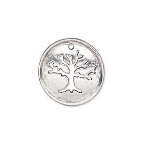 Drop, antique silver-plated pewter (tin-based alloy), 20.5mm single-sided flat round with cutout tree of life and textured back. Sold individually.