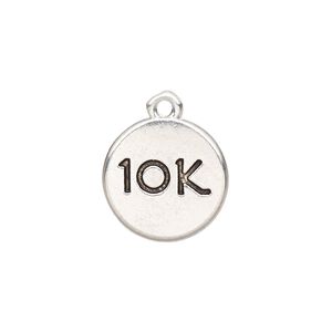 Charm, antique silver-finished "pewter" (zinc-based alloy), 14mm double-sided flat round with "10K." Sold per pkg of 2.