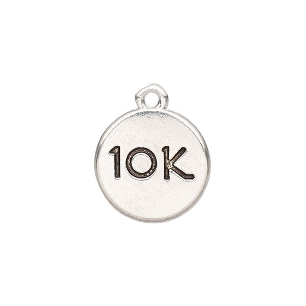 Charm, antique silver-finished "pewter" (zinc-based alloy), 14mm double-sided flat round with "10K." Sold per pkg of 2. image number 0
