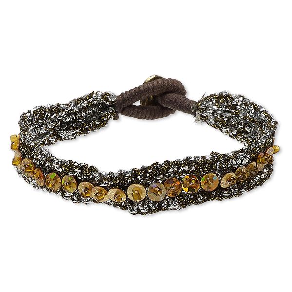 Bracelet, polyester / waxed cotton cord / glass / sequin / antiqued gold-finished "pewter" (zinc-based alloy), silver / gold / brown, 12mm wide, 7-1/2 inches with button clasp. Sold individually. image number 0