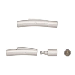 Clasp bullet 1pkg1, 24x4mm curved round tube / push release / fits 3mm cord, matte stainless steel 1-strand