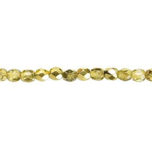 Bead, Czech fire-polished glass, metallic yellow gold, 4mm faceted round. Sold per pkg of 1,200 (1 mass).