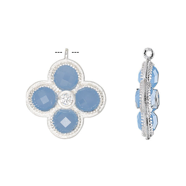 Drop, chalcedony (dyed) / cubic zirconia / sterling silver, clear and blue, 19mm double-sided faceted flower. Sold individually. image number 0
