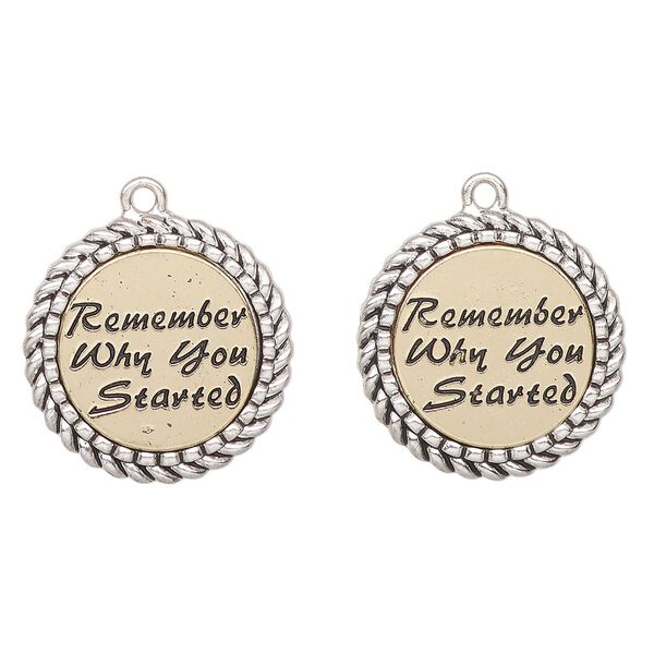 Charm, antique gold-finished "pewter" (zinc-based alloy), black, 24mm braided edge flat round with "Remember why you started". Sold per pkg of 2. image number 0