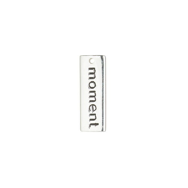 Drop, sterling silver and enamel, black, 18x6mm single-sided rectangle with "moment." Sold individually. image number 0
