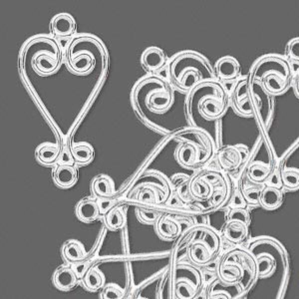 Drop, silver-plated "pewter" (zinc-based alloy), 20x13mm fancy heart with 5 loops. Sold per pkg of 24. image number 0