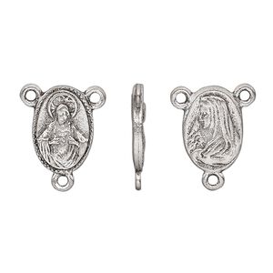 Connector, pewter (tin-based alloy), pkg/1, antiqued, 13x10mm two-sided rosary oval with Virgin Mary.