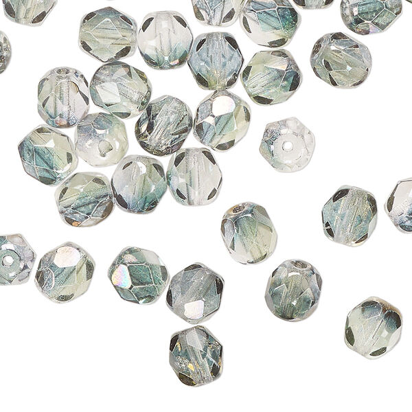 Bead, Czech fire-polished glass, green and grey luster, 6mm faceted round. Sold per 15-1/2" to 16" strand. image number 0