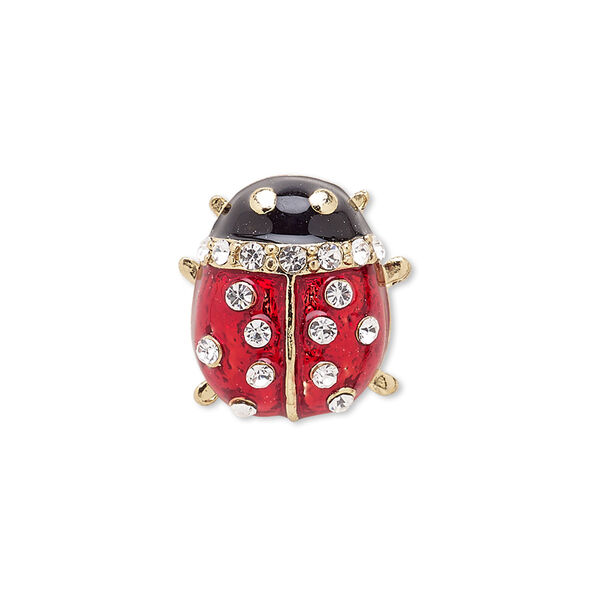 Spot pin, enamel / Czech glass rhinestone / gold-finished brass / "pewter" (zinc-based alloy), red / black / clear, 20x17mm ladybug. Sold individually. image number 0