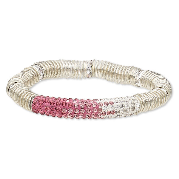 Bracelet, stretch, glass rhinestone / polymer clay / silver-plated brass / steel / "pewter" (zinc-based alloy), multi-pinks / white / clear, 9mm wide with 45x9mm curved tube, 6-1/2 inches. Sold individually. image number 0