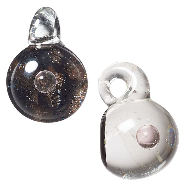 Drop, lampworked glass, clear / black / pink, 21mm round with copper-colored glitter. Sold individually. image number 0