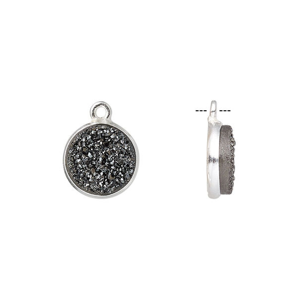 Druzy agate / sterling silver 1pkg1, electrocoated hand-cut flat round drop 11mm image number 0