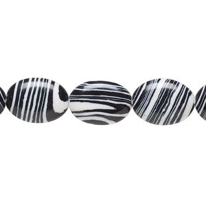 Bead, resin, black and white, 14x10mm flat oval. Sold per 15" to 16" strand.