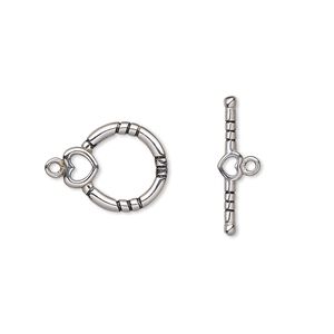 Clasp, toggle, enamel and stainless steel, black, 12mm round with heart and lines. Sold individually.