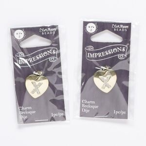Charm, gold-finished "pewter" (zinc-based alloy) / steel / acrylic rhinestone, clear, 15.5x15mm single-sided puffed heart with letter "X." Sold per pkg of 2.