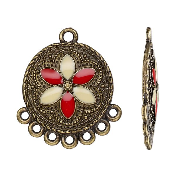 Drop, antique brass-finished "pewter" (zinc-based alloy) and resin, cream and red, 23mm single-sided domed round with flower and 7 closed loops. Sold per pkg of 4. image number 0