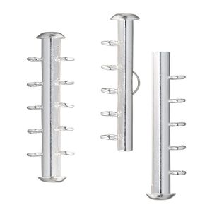 Clasp slide lock 1pkg4 silver-plated, 31x6mm round tube, brass 5-strand