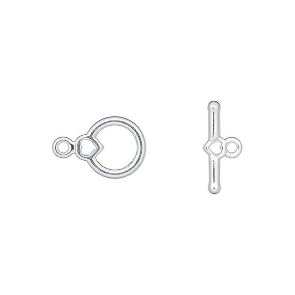 Clasp, toggle, silver-plated "pewter" (zinc-based alloy), 10x9mm round with heart. Sold per pkg of 10. image number 0