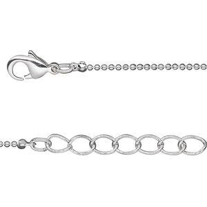 Chain, silver-plated brass, 1mm ball, 16 inches with 1-inch extender chain and lobster claw clasp. Sold per pkg of 4.
