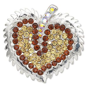 Brooch and pendant, Everyday Jewelry, glass rhinestone and imitation rhodium-finished "pewter" (zinc-based alloy), brown / gold / gold AB, 42x40mm leaf with heart design and hidden bail. Sold individually.