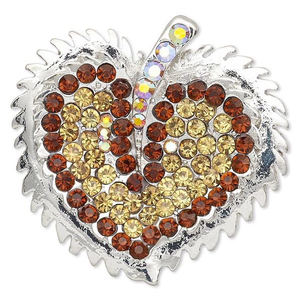 Brooch and pendant, Everyday Jewelry, glass rhinestone and imitation rhodium-finished "pewter" (zinc-based alloy), brown / gold / gold AB, 42x40mm leaf with heart design and hidden bail. Sold individually. image number 0