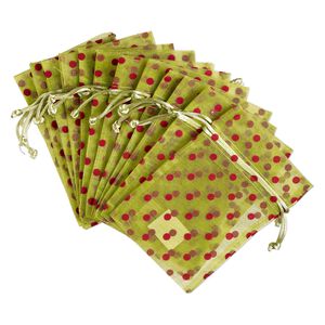 Pouch, flocked organza, green and red, 6x4 inches with dots pattern and drawstring closure. Sold per pkg of 12.