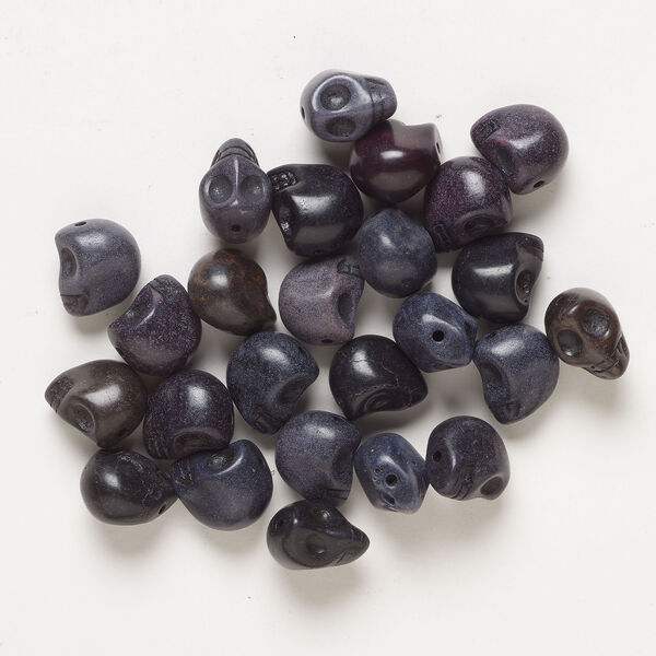 Bead mix, "howlite" (imitation) resin 1pkg25, opaque dark blue and black, 17x14mm-18x15mm skull. image number 0