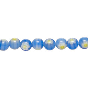 Bead, millefiori glass 1pkg1, translucent blue / yellow / white, 6mm round, 15 inches.