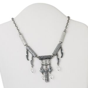 Necklace, Czech rhinestone / enamel / antiqued silver-finished steel and brass, clear and dark grey, tube, 16 inches with 2-inch extender and lobster claw clasp. Sold individually.