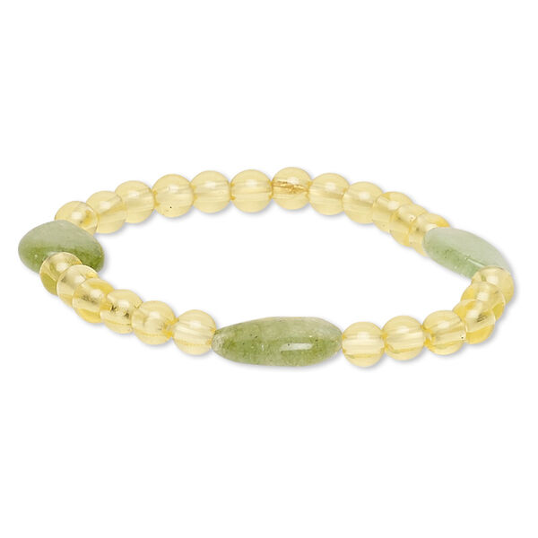 Bracelet, stretch, quartz (dyed) and acrylic, yellow and light green, 5mm round and 15x11mm-17x15mm flat teardrop, 7 inches. Sold individually. image number 0