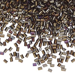 Bugle bead glass 1pk #1 round tube, 50 gram opaque brown iris black