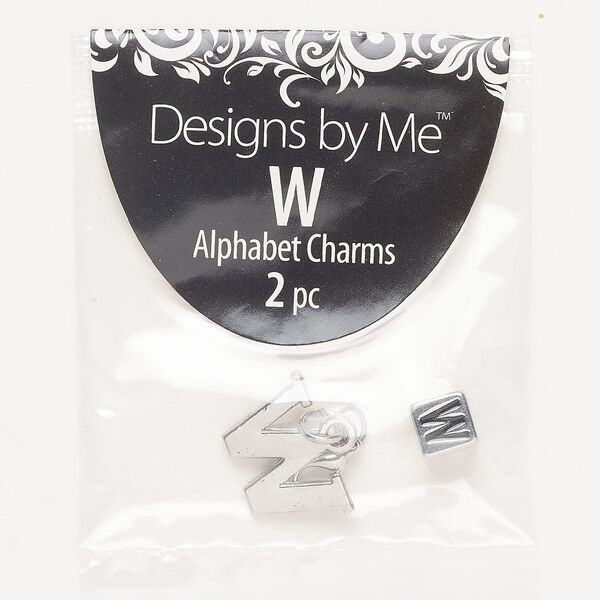 "Pewter" (zinc-based alloy) / brass / enamel 1pkg2, "W" charm / lobster claw clasp / cube bead antique silver-finished / black 18x12mm / 7mm image number 0