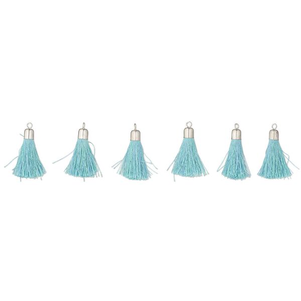 Tassel, silver-finished steel, aqua blue and teal, 1" tassel. Sold per pkg of 6. image number 0