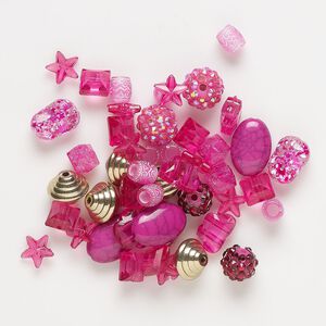 Bead mix, acrylic, light to dark pink and gold, 5-15x12mm mixed shapes. Sold per pkg of 48.