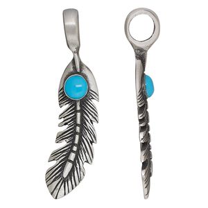 Pendant, Everyday Jewelry, antiqued pewter (tin-based alloy) and resin, turquoise blue, 51.5x16mm single-sided feather. Sold individually.