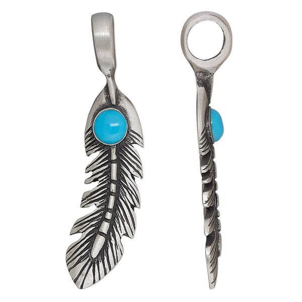 Pendant, Everyday Jewelry, antiqued pewter (tin-based alloy) and resin, turquoise blue, 51.5x16mm single-sided feather. Sold individually. image number 0