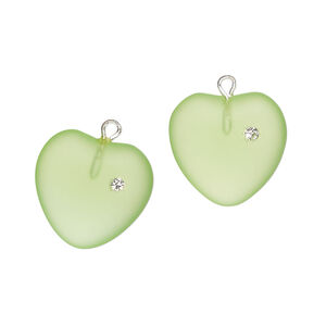 Drop 1pkg2, silver-plated brass / glass / cubic zirconia, translucent green and clear, 16mm frosted heart.