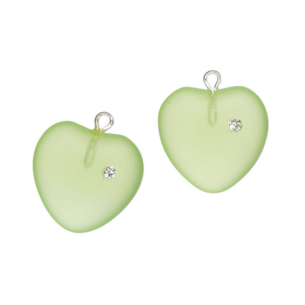 Drop 1pkg2, silver-plated brass / glass / cubic zirconia, translucent green and clear, 16mm frosted heart. image number 0