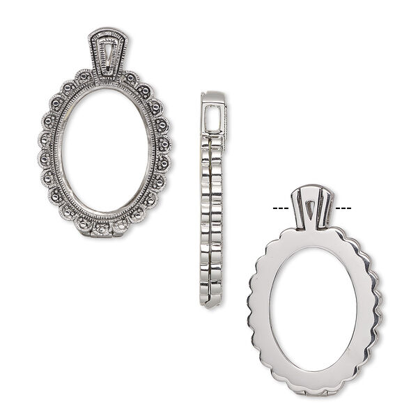Pendant, Almost Instant Jewelry®, antique silver-plated brass and rubber, 45x28.5mm single-sided hinged scalloped oval with 30x22mm oval setting. Sold individually. image number 0