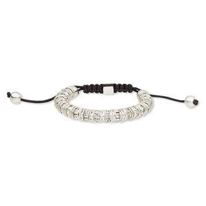 Bracelet, glass rhinestone / nylon / silver-plated steel / "pewter" (zinc-based alloy), black and clear, 9mm wide, adjustable from 6-8 inches with macramé knot closure. Sold individually.