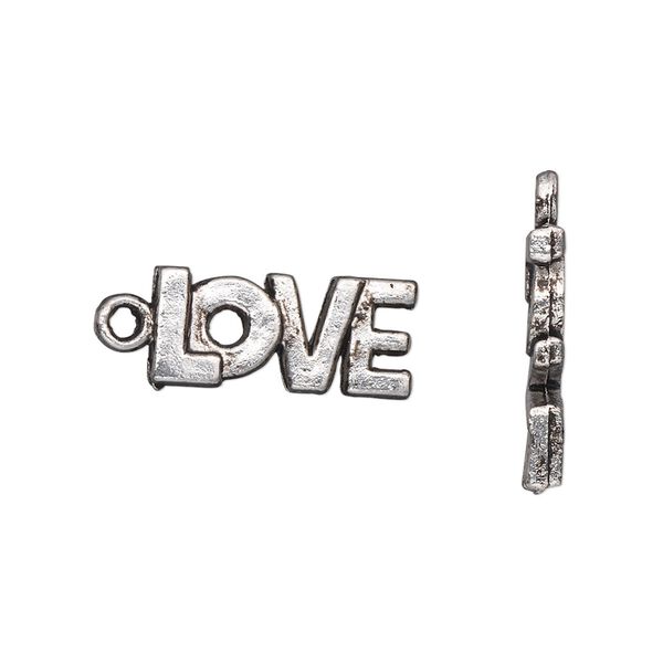 Charm, antique silver-plated "pewter" (zinc-based alloy), 17x8mm single-sided "LOVE." Sold per pkg of 20. image number 0