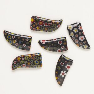 Component, millefiori glass, opaque black and multicolored, 26x13mm-30x15mm undrilled talon. Sold per pkg of 6.