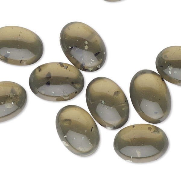 Cabochon, resin, transparent olive green and opaque multicolored, 14x10mm non-calibrated oval with speckles. Sold per pkg of 10. image number 0