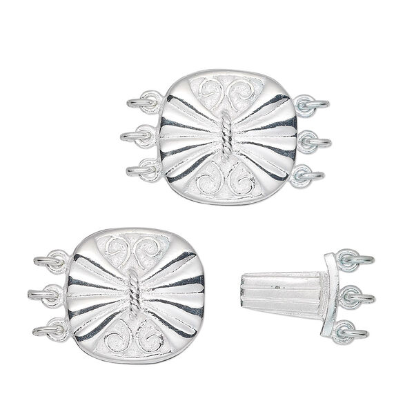 Clasp, 3-strand tab, sterling silver, 15x14mm fancy puffed round. Sold individually. image number 0