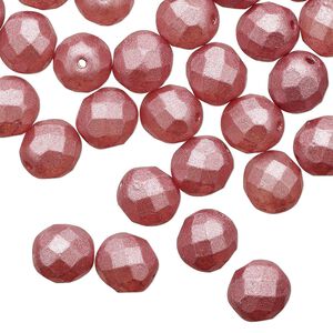 Bead 1pkg1 Czech fire-polished glass, 8mm faceted round, half-mass opaque dipped décor pearlescent dusty rose