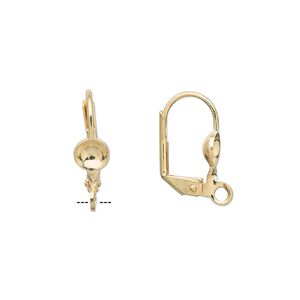 Ear wire leverback 1pkg10, gold-plated, 17mm / 5mm glue-in cup / open loop / 5-7mm round setting, brass 5 pair